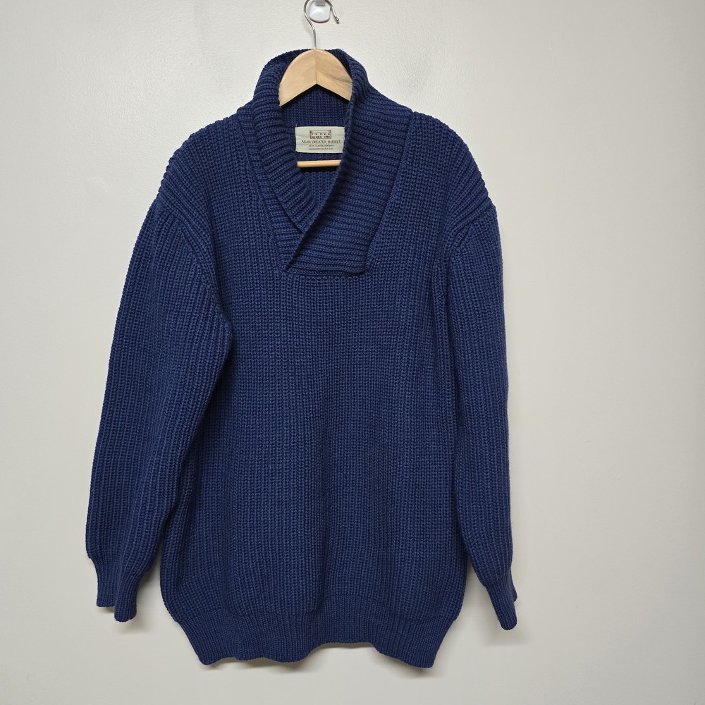 Aran‎ Sweater Market Shawl Collar Wool Ribbed Sweater Men's XL Blue Irish Knit